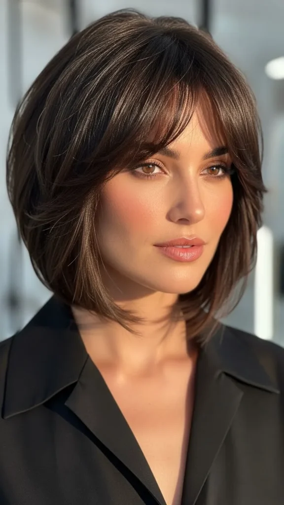 Brunette Feathered Bob with Piece-y Bangs Brunette Feathered Bob with Piece-y Bangs