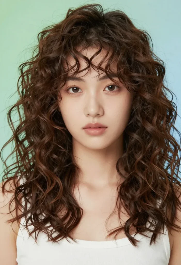 Mid-Length Curly Hairstyle with Curly Bangs Mid-Length Curly Hairstyle with Curly Bangs