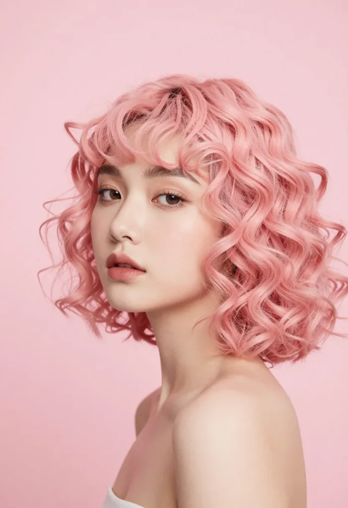 Mid-Length Light Pastel Pink Curly Hairstyle Mid-Length Light Pastel Pink Curly Hairstyle