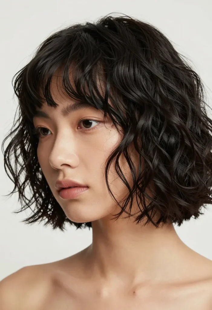 Pretty Curly Black Bob with Side Bangs Pretty Curly Black Bob with Side Bangs