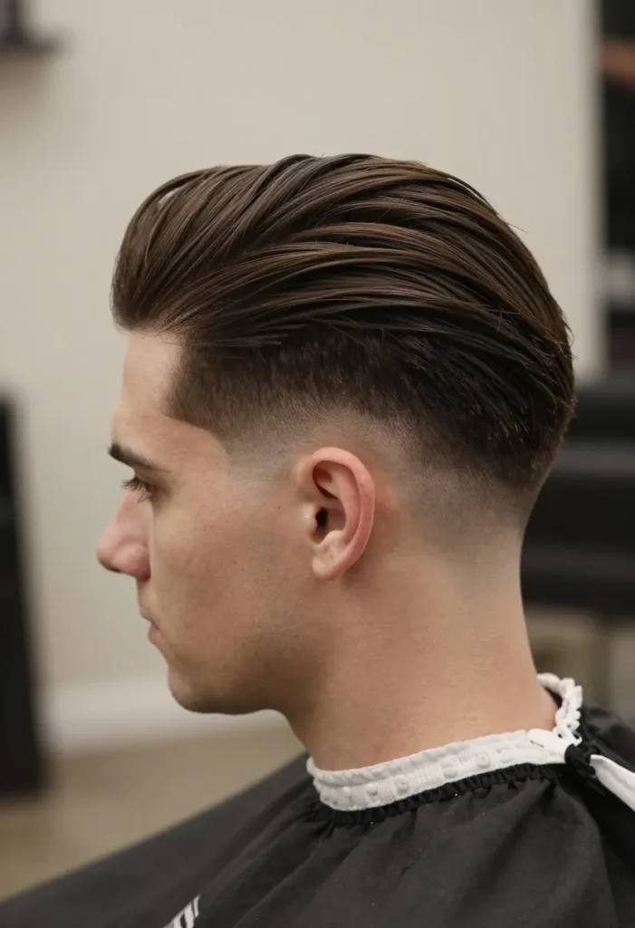 Slick Back Pomp with Burst Fade Slick Back Pomp with Burst Fade