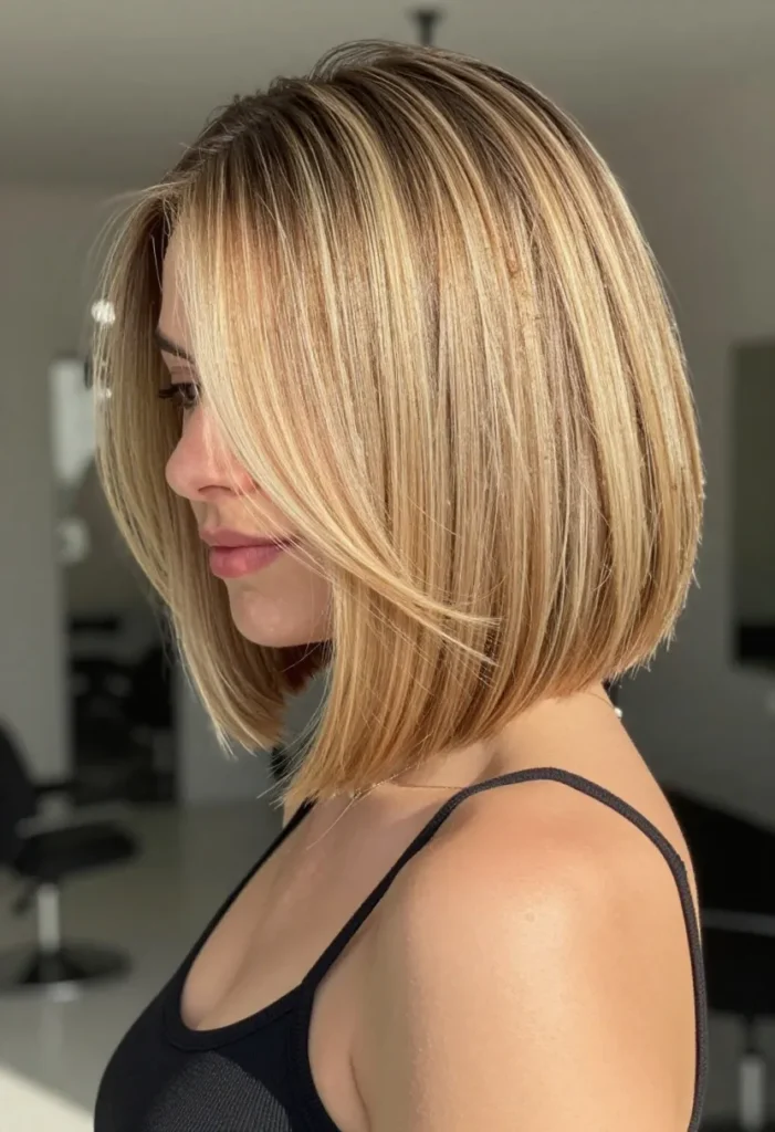 A-Line Bob Cut with Warm Blonde Highlights A-Line Bob Cut with Warm Blonde Highlights