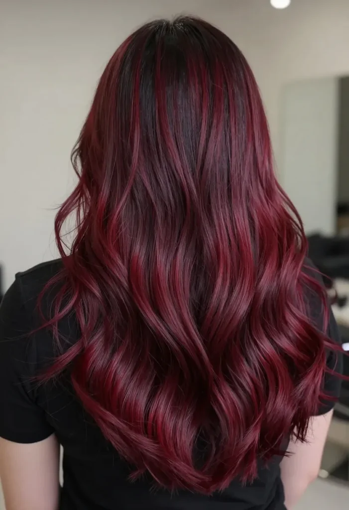 Bright Burgundy Balayage with Black Roots Bright Burgundy Balayage with Black Roots
