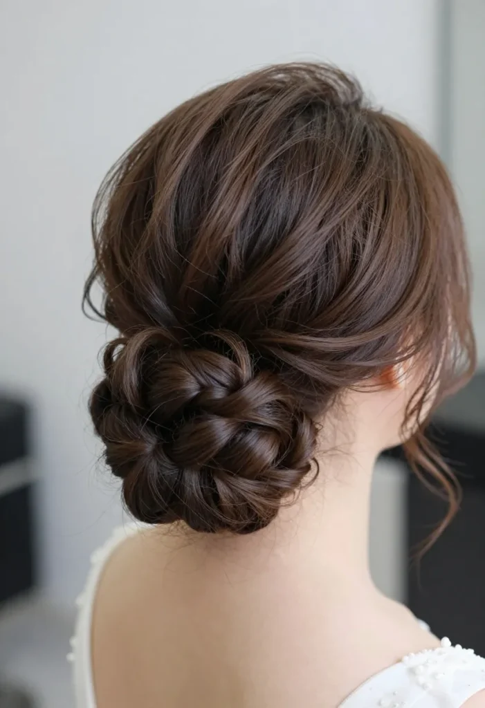 Curly Bun with Long Straight Bangs Curly Bun with Long Straight Bangs