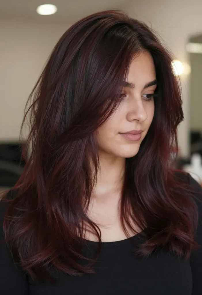Dark Chocolate Hair with Burgundy Balayage Dark Chocolate Hair with Burgundy Balayage