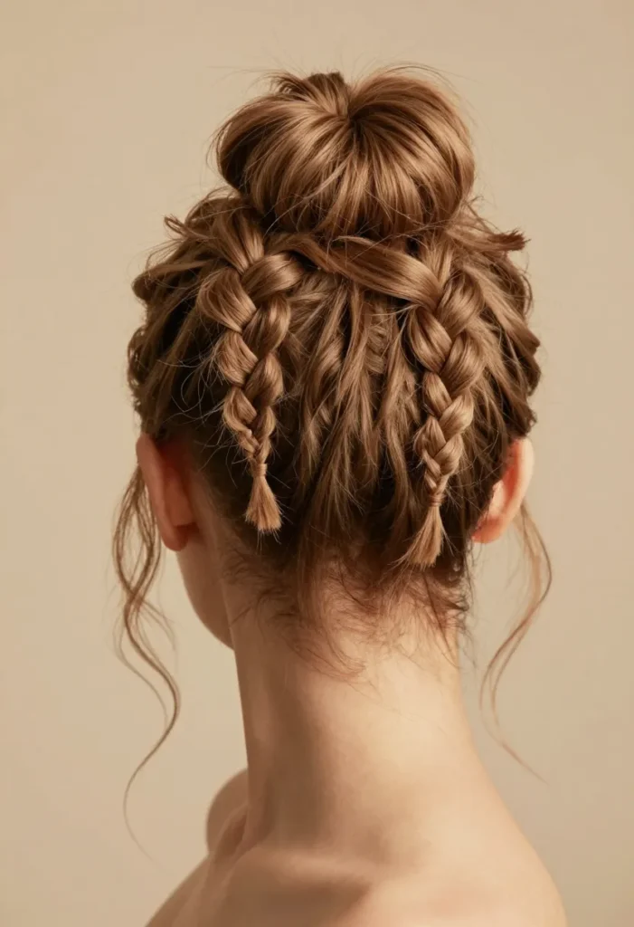 Messy Bun with Two Fishtail Braids Messy Bun with Two Fishtail Braids
