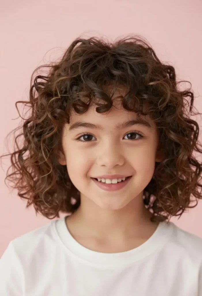 Playful Curly Bob with Textured Bangs for Young Girls Playful Curly Bob with Textured Bangs for Young Girls
