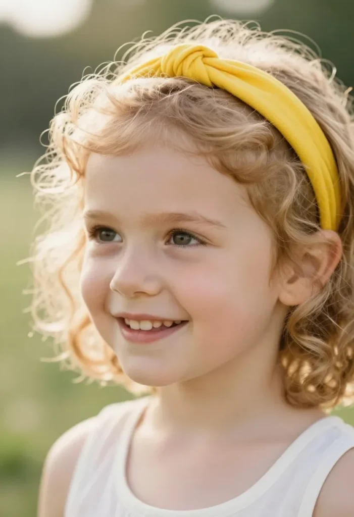 Playful Golden Curly Bob with Yellow Headband Playful Golden Curly Bob with Yellow Headband