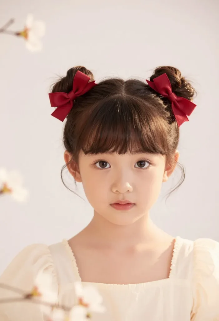 Braided Bunny Buns with Red Ribbon Accents Braided Bunny Buns with Red Ribbon Accents