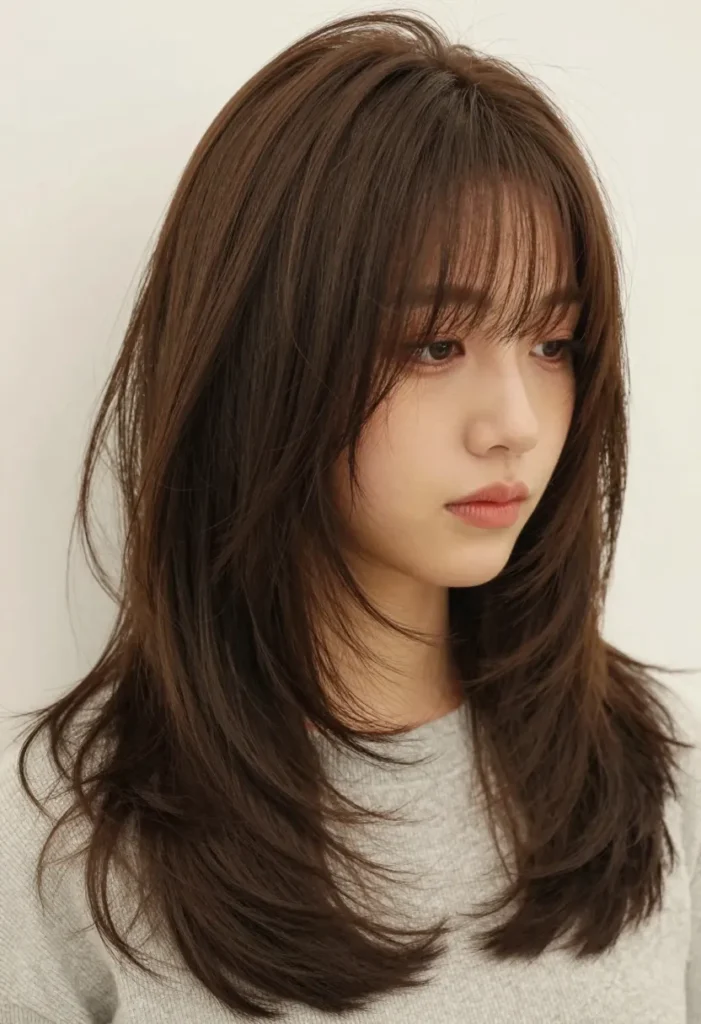 Brunette Feathered Layers and Bangs Brunette Feathered Layers and Bangs