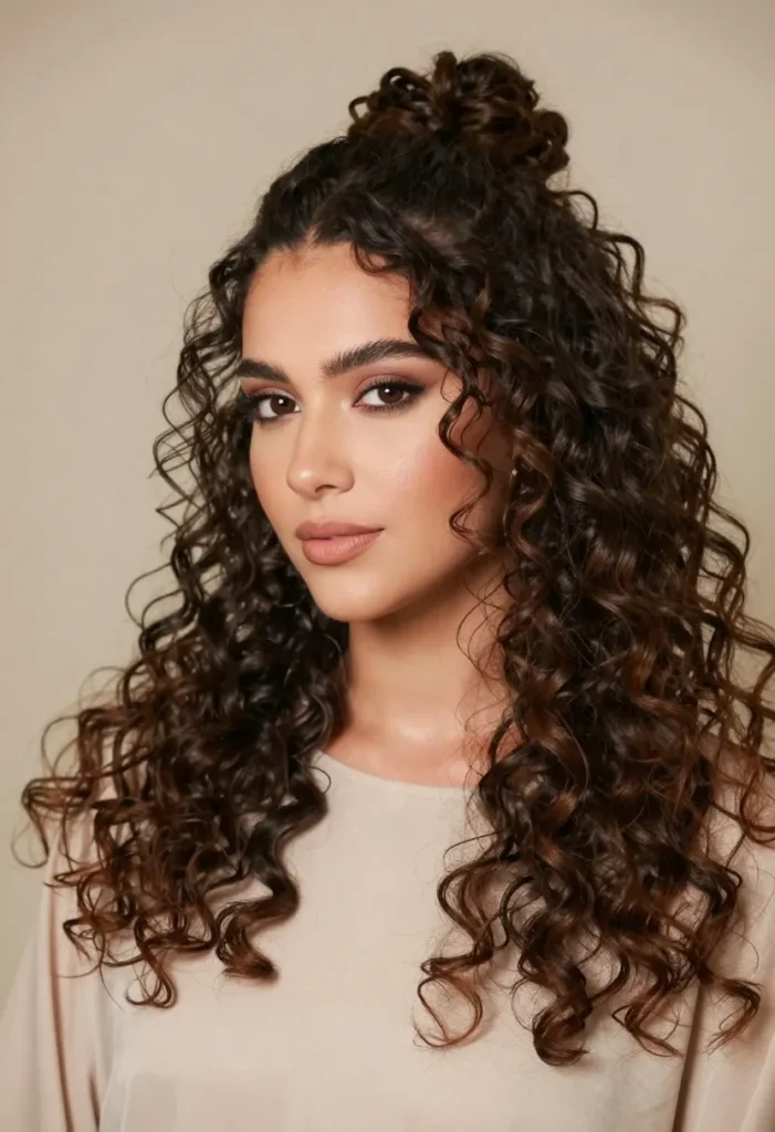 Half-Up Half-Down with Top Knot Curly Style