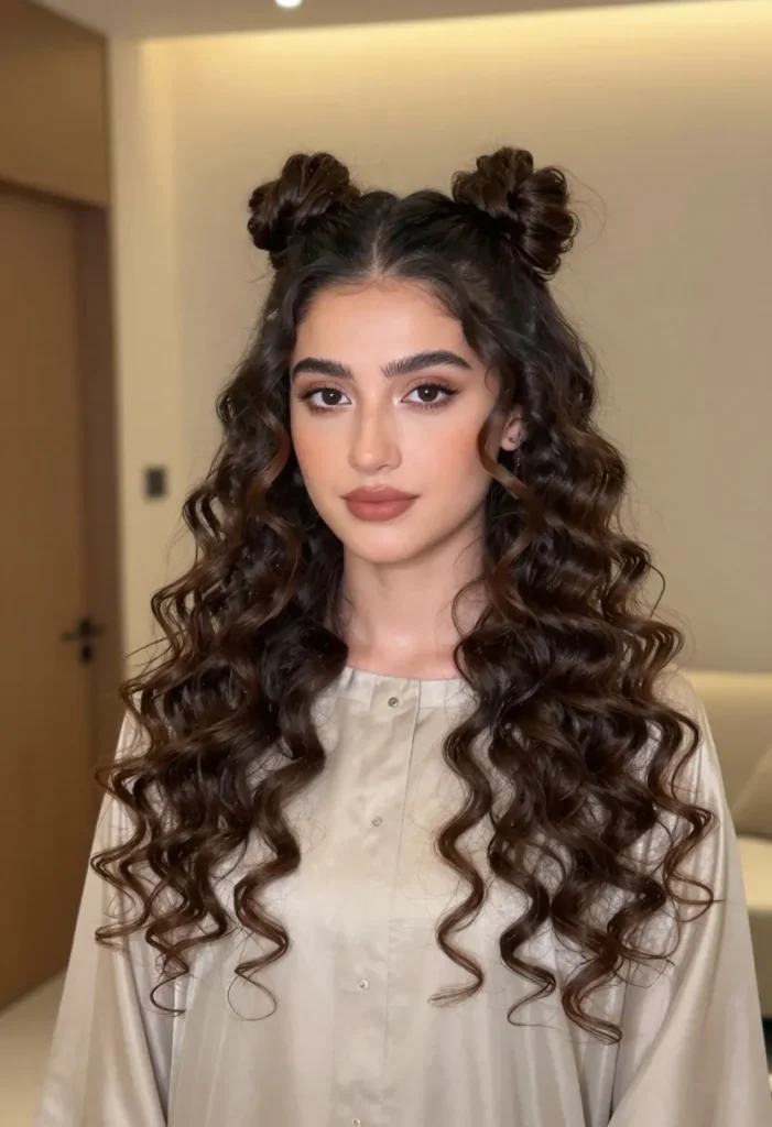 Half-Up Half-Down with Two Curly Buns