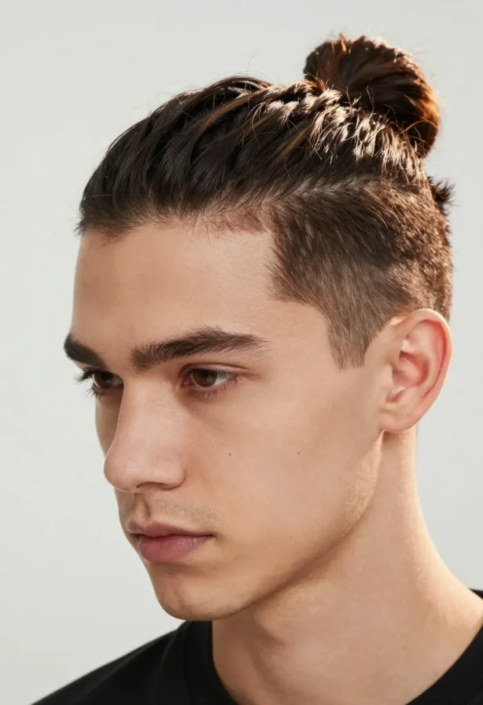 Half-Up Man Bun Styles with Tapered Sides and Textured Top Half-Up Man Bun Styles with Tapered Sides and Textured Top