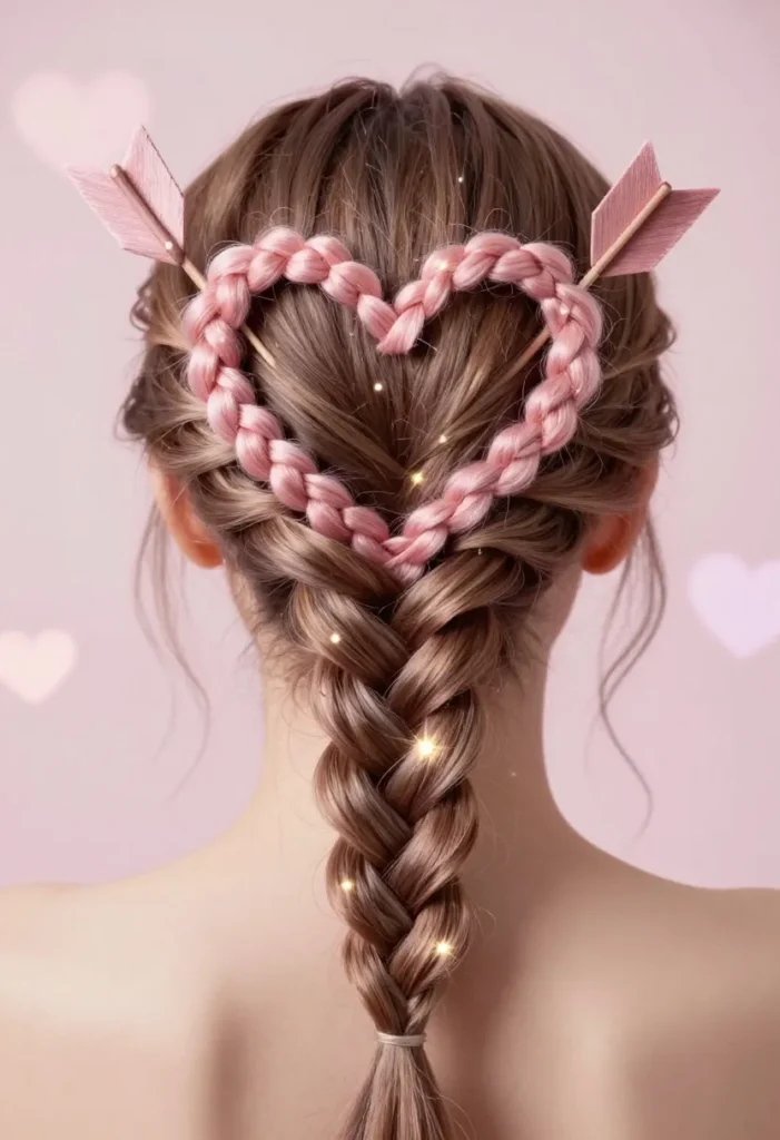 A woman with short hair styled into a messy side mini-bun, texture and loose strands for a carefree romantic vibe, warm dreamy lighting, subtle Valentine’s color palette, soft depth of field and natural beauty look. Heart and Arrow Hairstyle