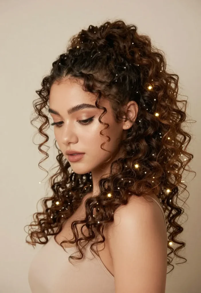 High Curly Ponytail with Face-Framing Pieces High Curly Ponytail with Face-Framing Pieces