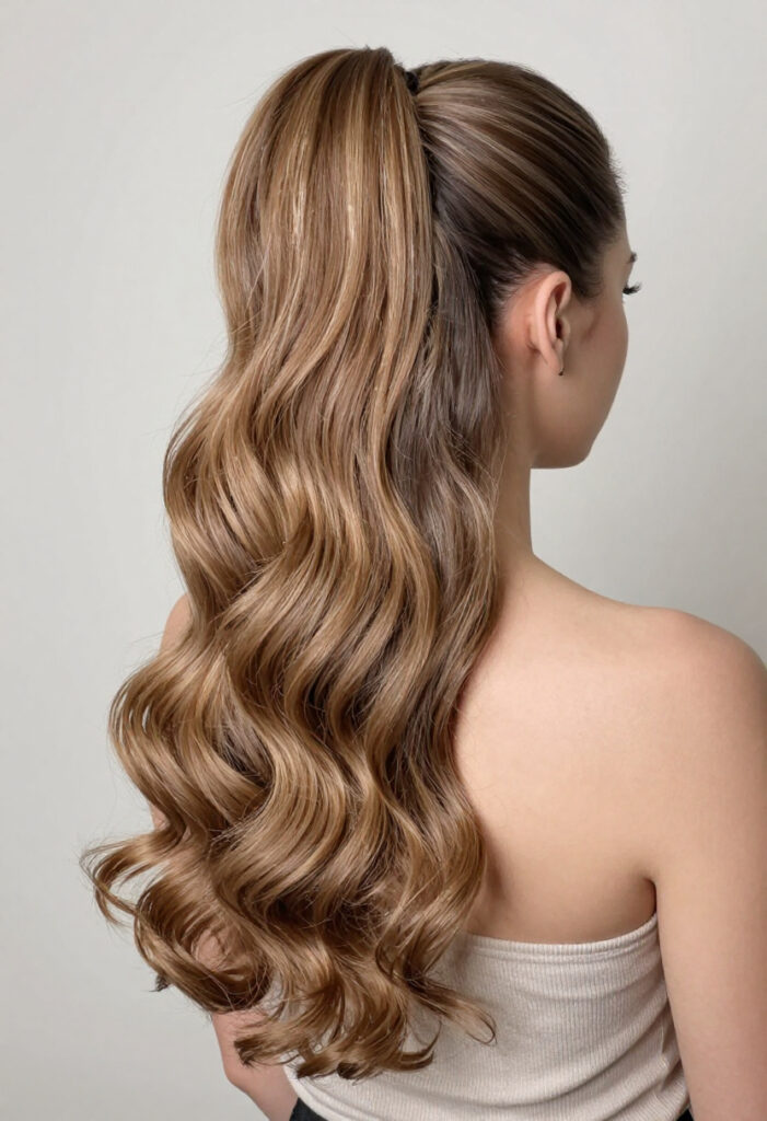 High Ponytail With Loose Curls And Face Framing Pieces High Ponytail With Loose Curls And Face Framing Pieces