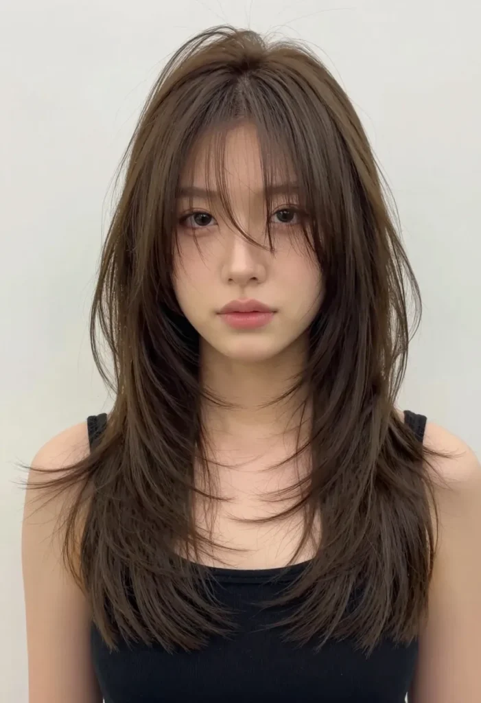Long Flipped Bangs and Textured Layers Long Flipped Bangs and Textured Layers