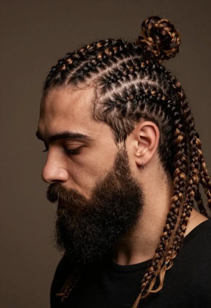 Long Hair Braided Man Bun with Thick Beard Long Hair Braided Man Bun with Thick Beard