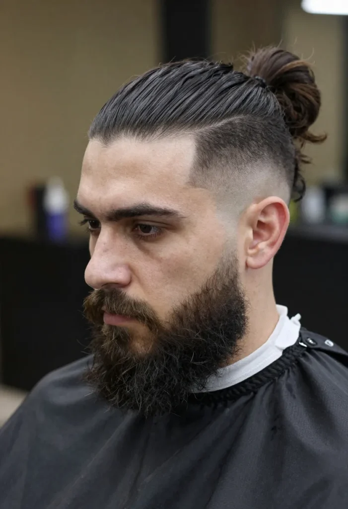 Long Hair Man Bun Taper with Full Beard Long Hair Man Bun Taper with Full Beard