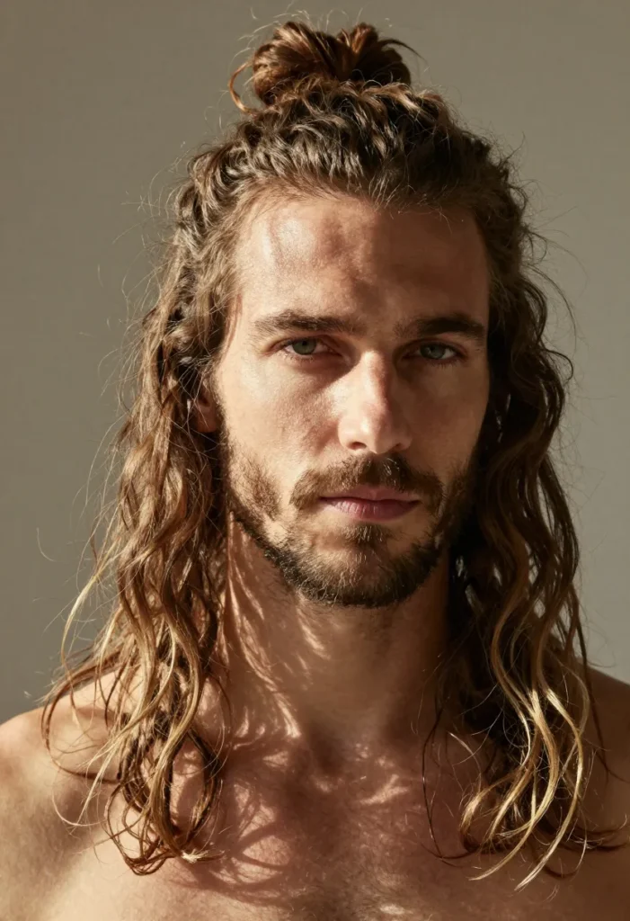 Long Messy Man Bun with Natural Waves Long Messy Man Bun with Natural Waves