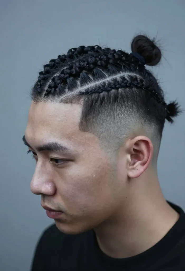 Male Bun with Intricate Braids and Fade Undercut Male Bun with Intricate Braids and Fade Undercut