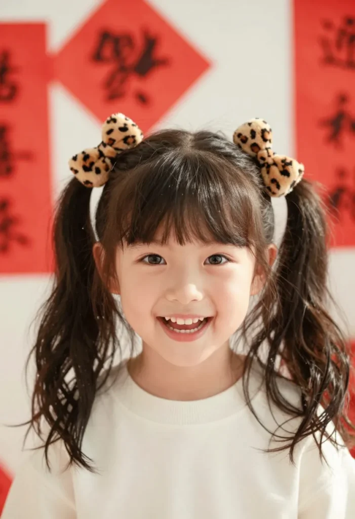 Playful High Pigtails with Leopard Print Bows Playful High Pigtails with Leopard Print Bows
