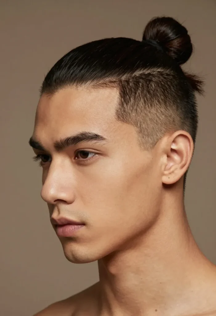 Trendy Short Man Bun Haircut with Undercut and Textured Top Trendy Short Man Bun Haircut with Undercut and Textured Top