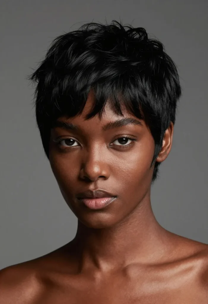 Sleek Black Pixie with Voluminous Side Sweep Sleek Black Pixie with Voluminous Side Sweep