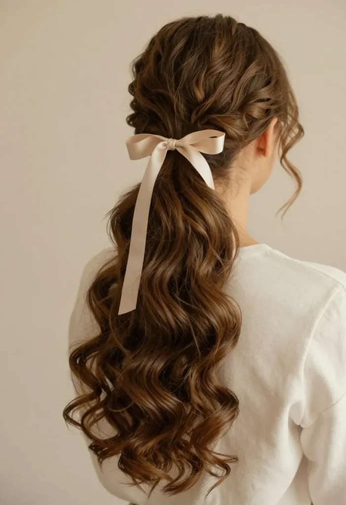 Soft Curled Ponytail with Ribbon Tie Soft Curled Ponytail with Ribbon Tie