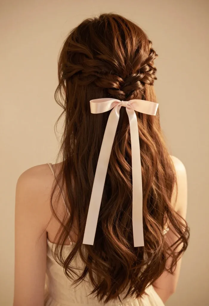 Soft Romantic Curls with Pink Ribbon Soft Romantic Curls with Pink Ribbon