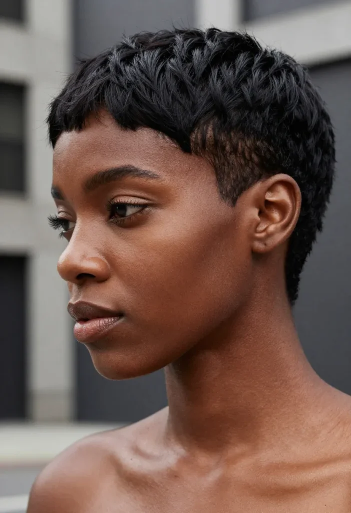 Textured Black Pixie Cut with Edgy Shaved Lines Textured Black Pixie Cut with Edgy Shaved Lines