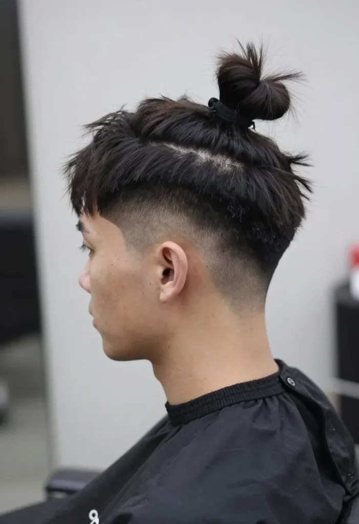 Textured Low Man Bun for Medium-Length Hair with Loose Strands Textured Low Man Bun for Medium-Length Hair with Loose Strands