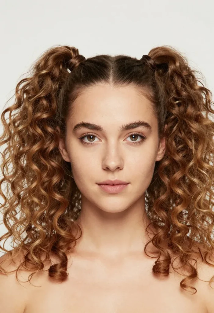Two High Curly Ponytails with Tendrils