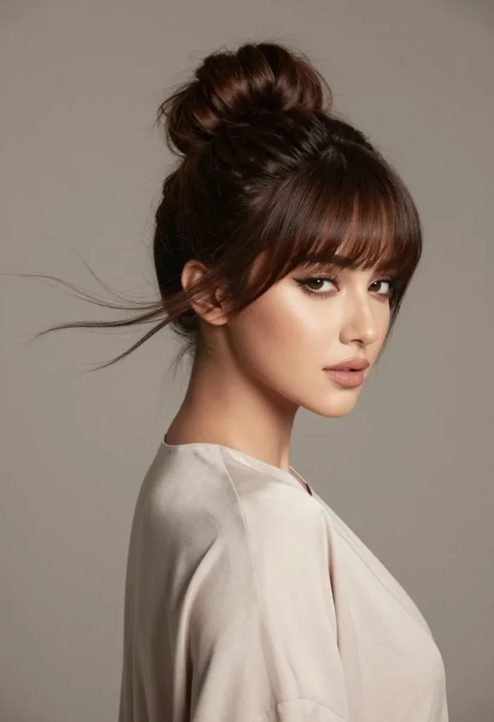 Voluminous Bun with Side-Swept Bangs Voluminous Bun with Side-Swept Bangs