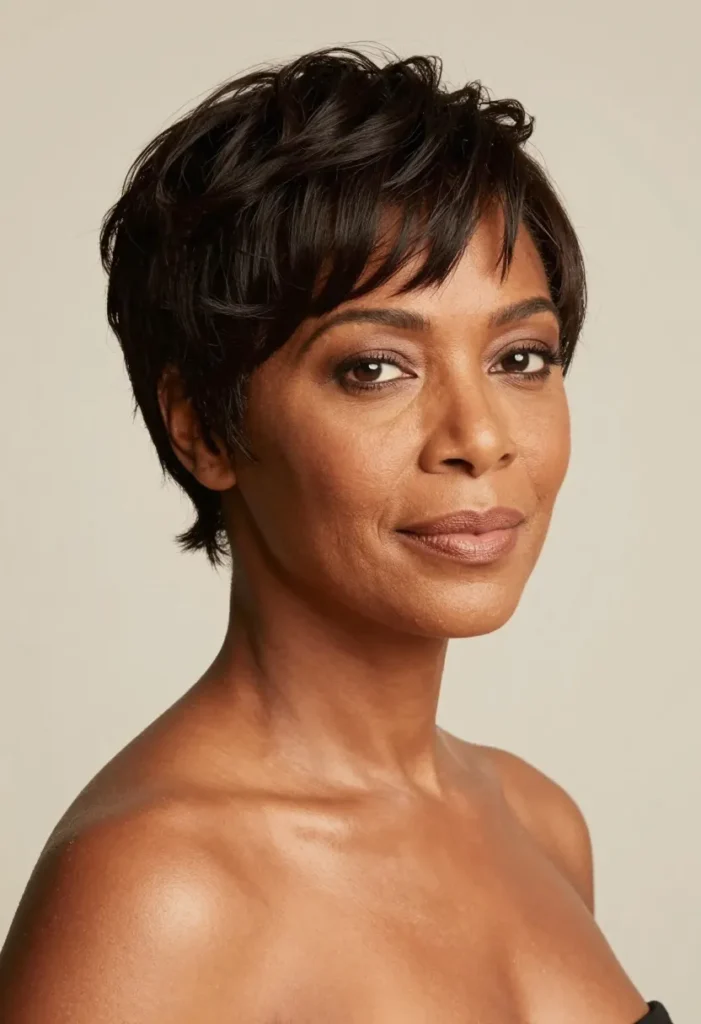 Warm Copper Toned Pixie with Sweeping Bangs Warm Copper Toned Pixie with Sweeping Bangs